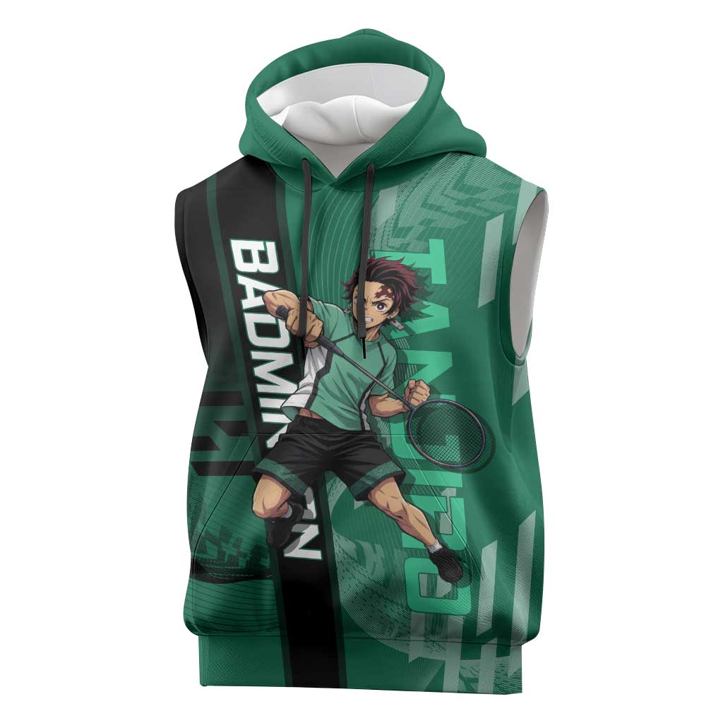 Personalized Tanjiro Badminton Green Action Pose Sleeveless Hoodie Dynamic Sports Design - The Mazicc