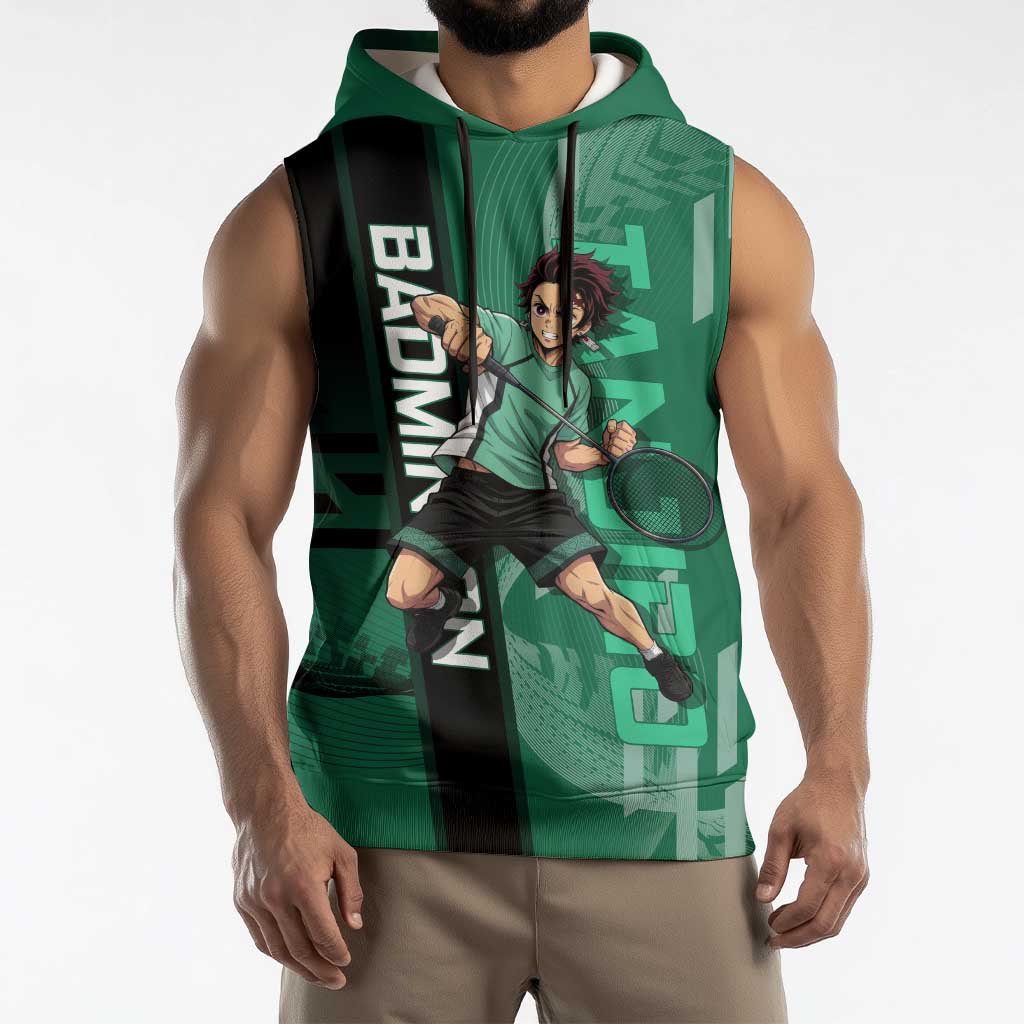 Personalized Tanjiro Badminton Green Action Pose Sleeveless Hoodie Dynamic Sports Design - The Mazicc