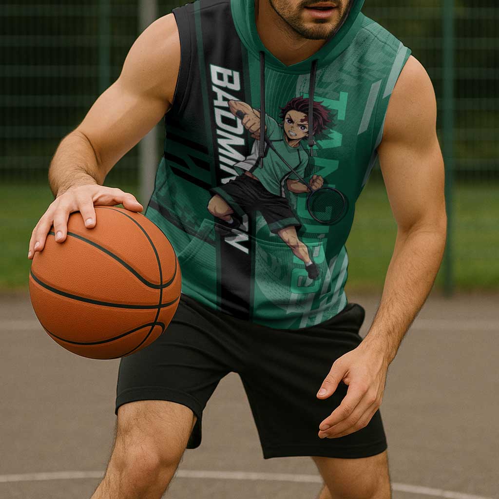 Personalized Tanjiro Badminton Green Action Pose Sleeveless Hoodie Dynamic Sports Design - The Mazicc
