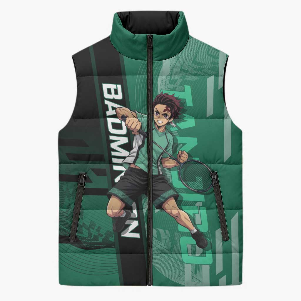 Personalized Tanjiro Badminton Green Action Pose Sleeveless Puffer Jacket Dynamic Sports Design - The Mazicc