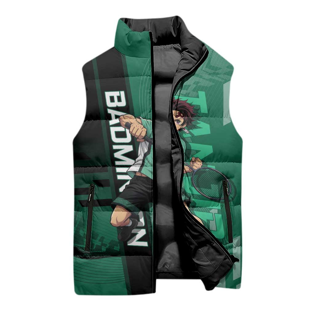 Personalized Tanjiro Badminton Green Action Pose Sleeveless Puffer Jacket Dynamic Sports Design - The Mazicc