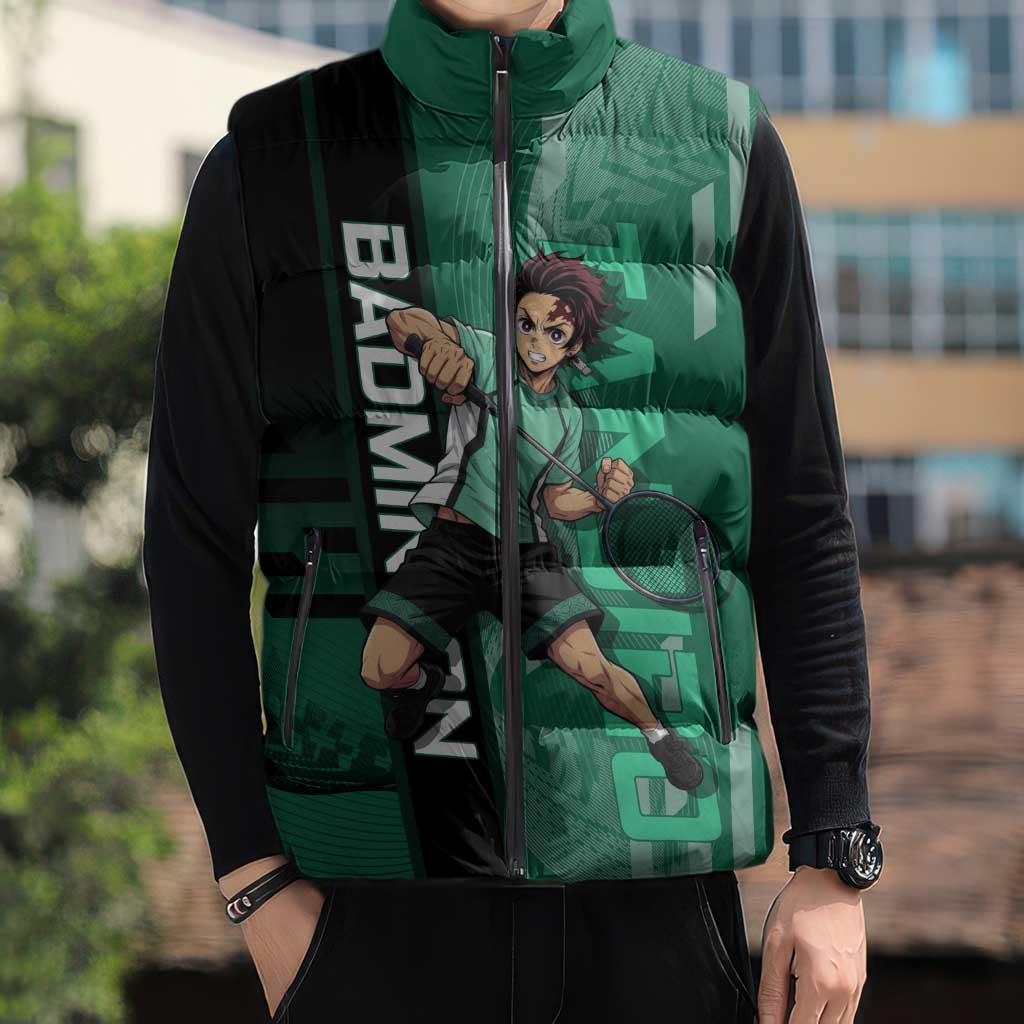 Personalized Tanjiro Badminton Green Action Pose Sleeveless Puffer Jacket Dynamic Sports Design - The Mazicc