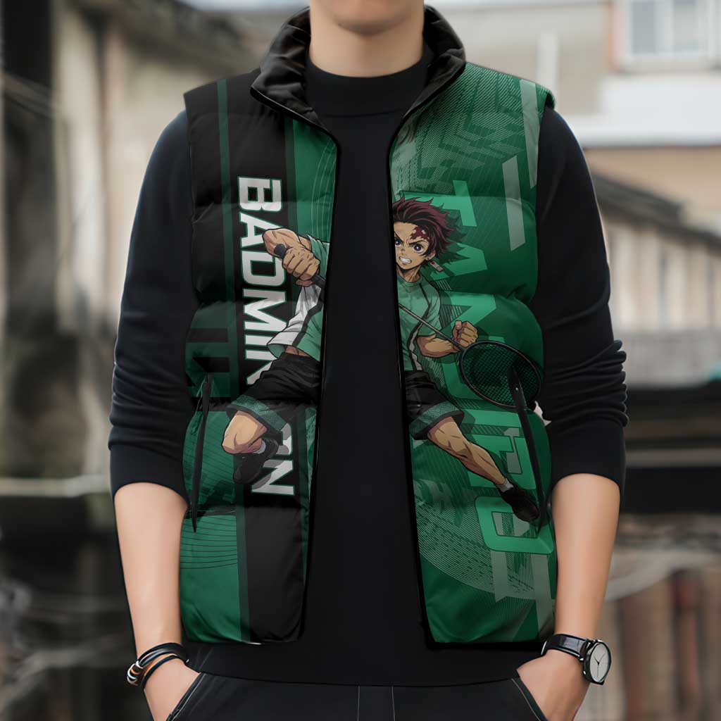 Personalized Tanjiro Badminton Green Action Pose Sleeveless Puffer Jacket Dynamic Sports Design - The Mazicc