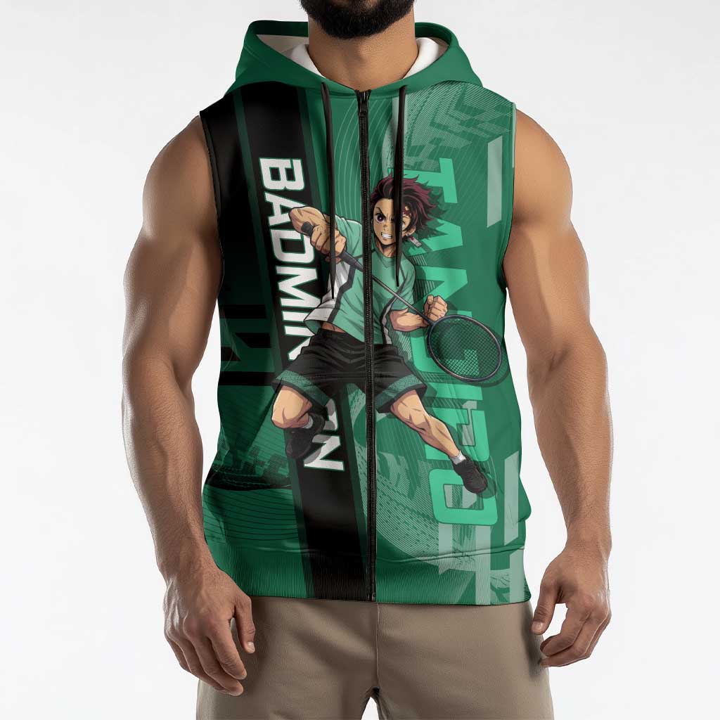Personalized Tanjiro Badminton Green Action Pose Sleeveless Zip Hoodie Dynamic Sports Design - The Mazicc