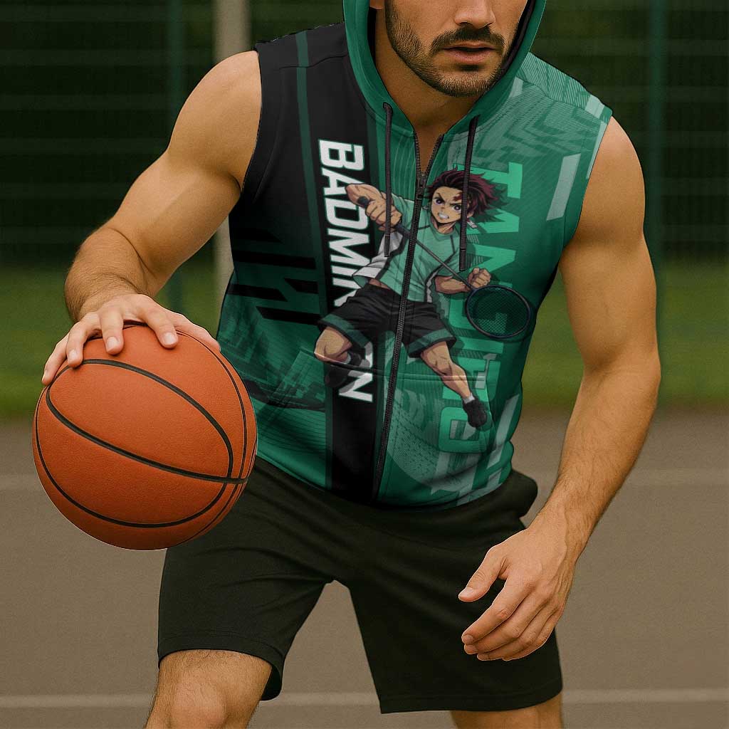 Personalized Tanjiro Badminton Green Action Pose Sleeveless Zip Hoodie Dynamic Sports Design - The Mazicc