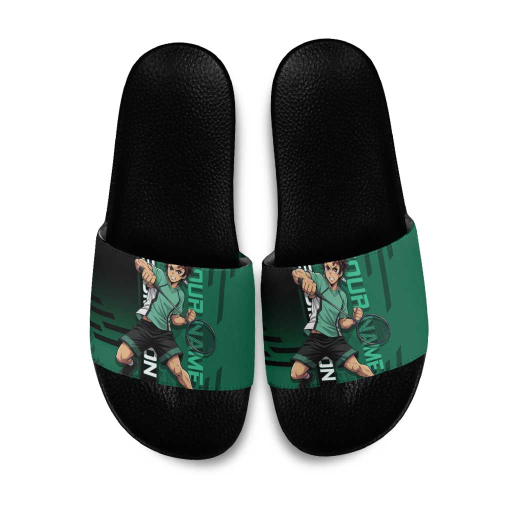 Personalized Tanjiro Badminton Green Action Pose Slide Sandals Dynamic Sports Design - The Mazicc