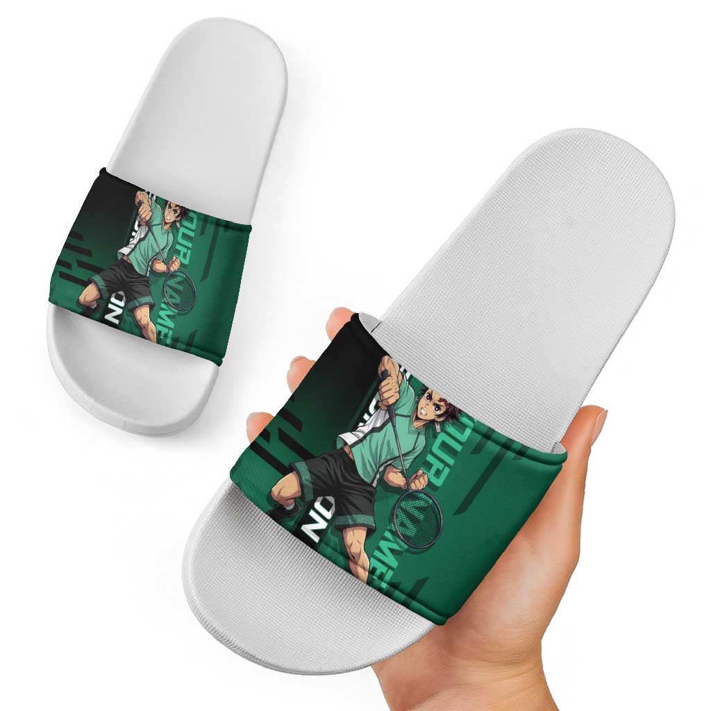 Personalized Tanjiro Badminton Green Action Pose Slide Sandals Dynamic Sports Design - The Mazicc