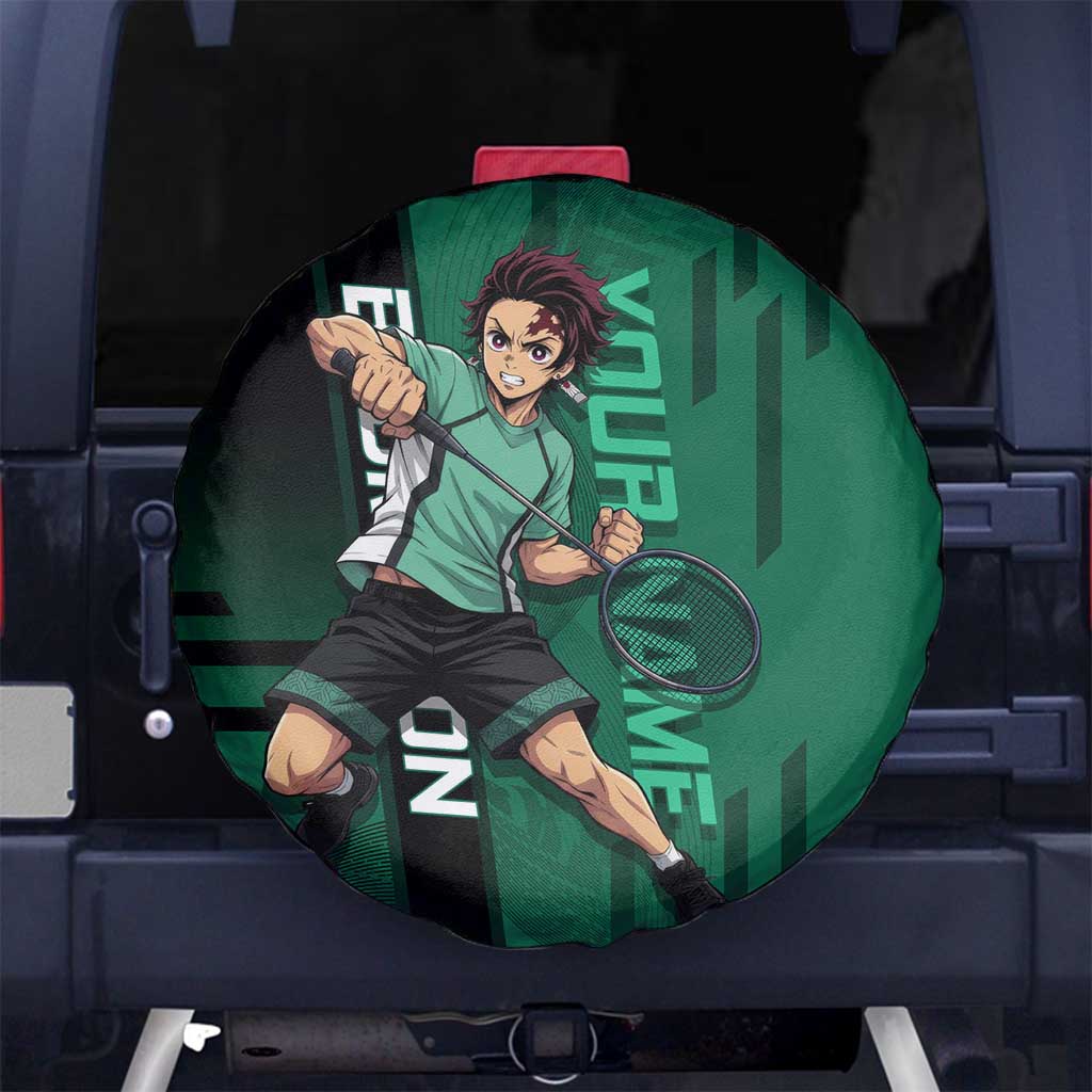 Personalized Tanjiro Badminton Green Action Pose Spare Tire Cover Dynamic Sports Design - The Mazicc