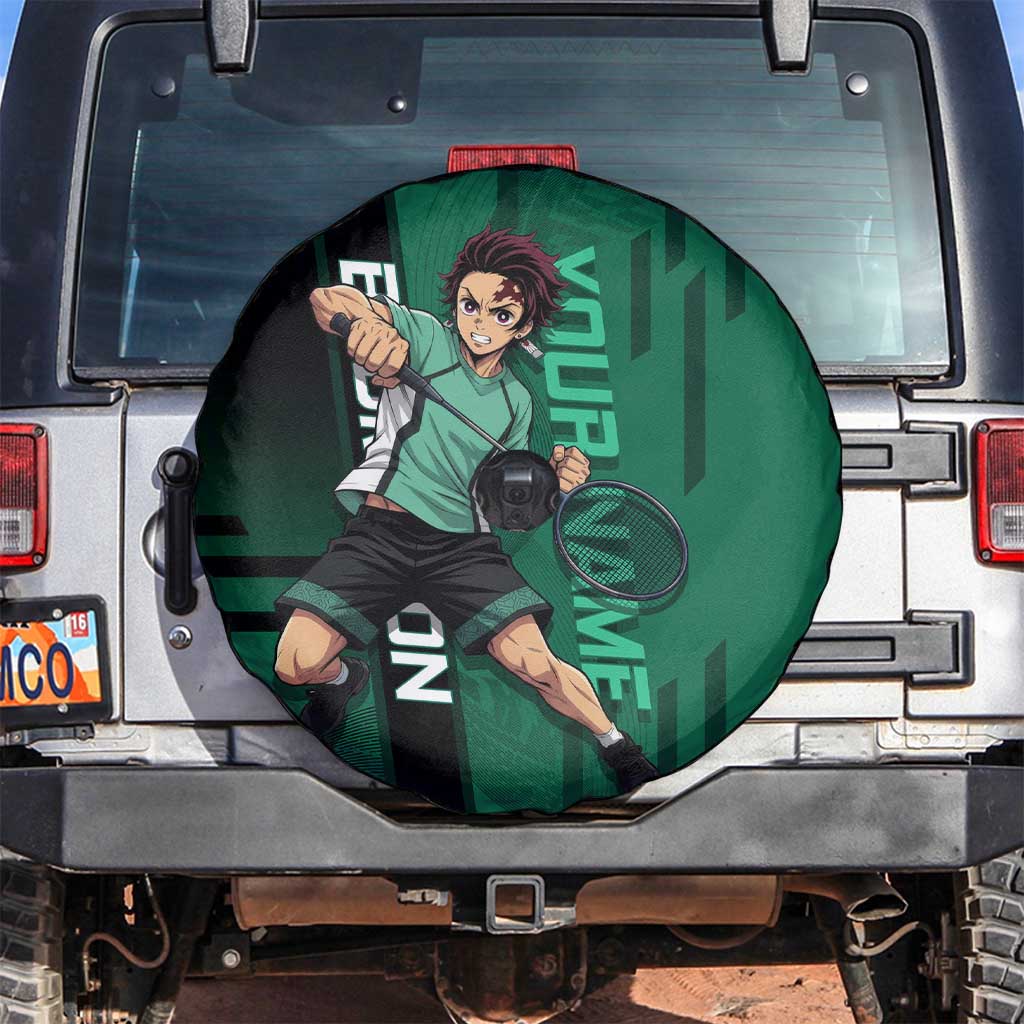 Personalized Tanjiro Badminton Green Action Pose Spare Tire Cover Dynamic Sports Design - The Mazicc