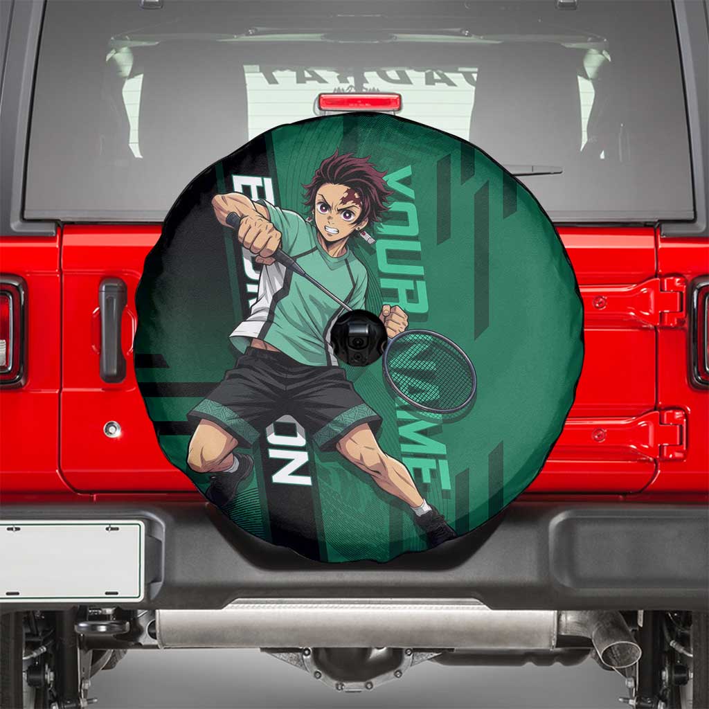 Personalized Tanjiro Badminton Green Action Pose Spare Tire Cover Dynamic Sports Design - The Mazicc