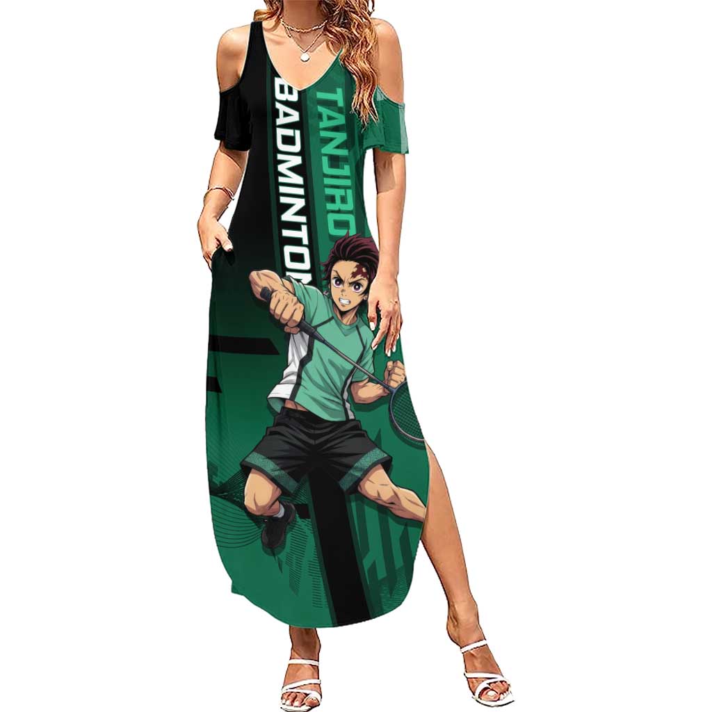 Personalized Tanjiro Badminton Green Action Pose Summer Maxi Dress Dynamic Sports Design - The Mazicc