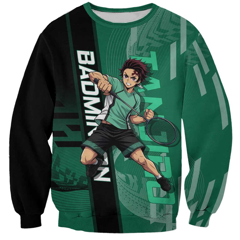 Personalized Tanjiro Badminton Green Action Pose Sweatshirt Dynamic Sports Design - The Mazicc