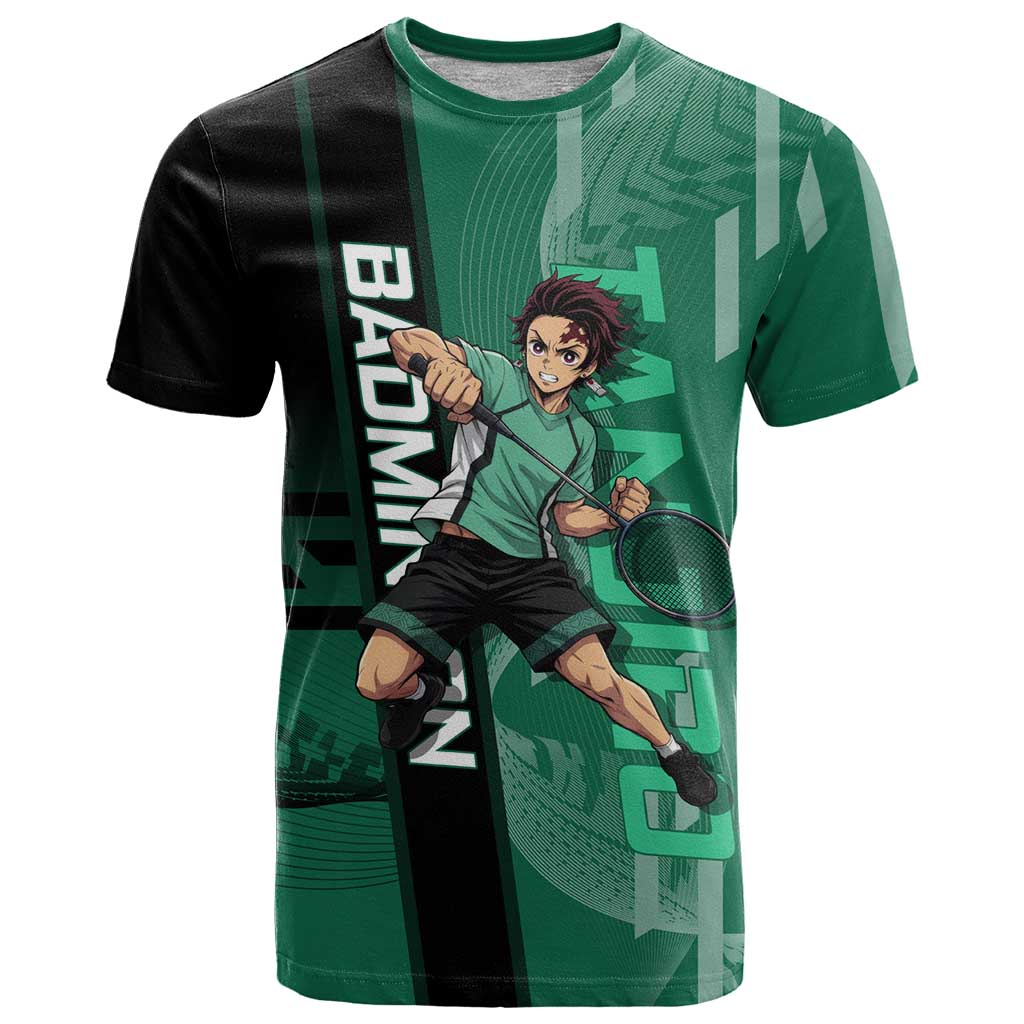 Personalized Tanjiro Badminton Green Action Pose T Shirt Dynamic Sports Design - The Mazicc
