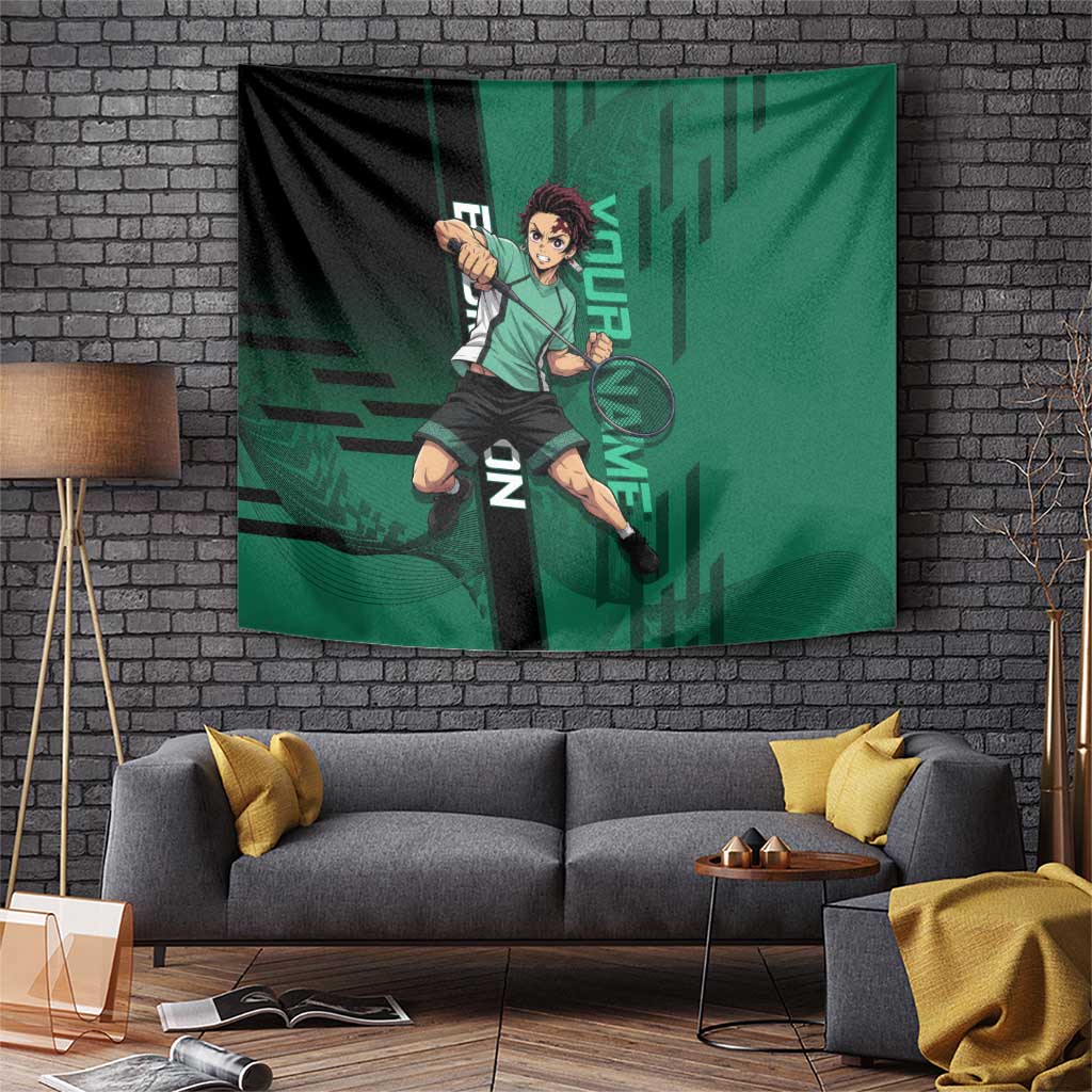 Personalized Tanjiro Badminton Green Action Pose Tapestry Dynamic Sports Design - The Mazicc