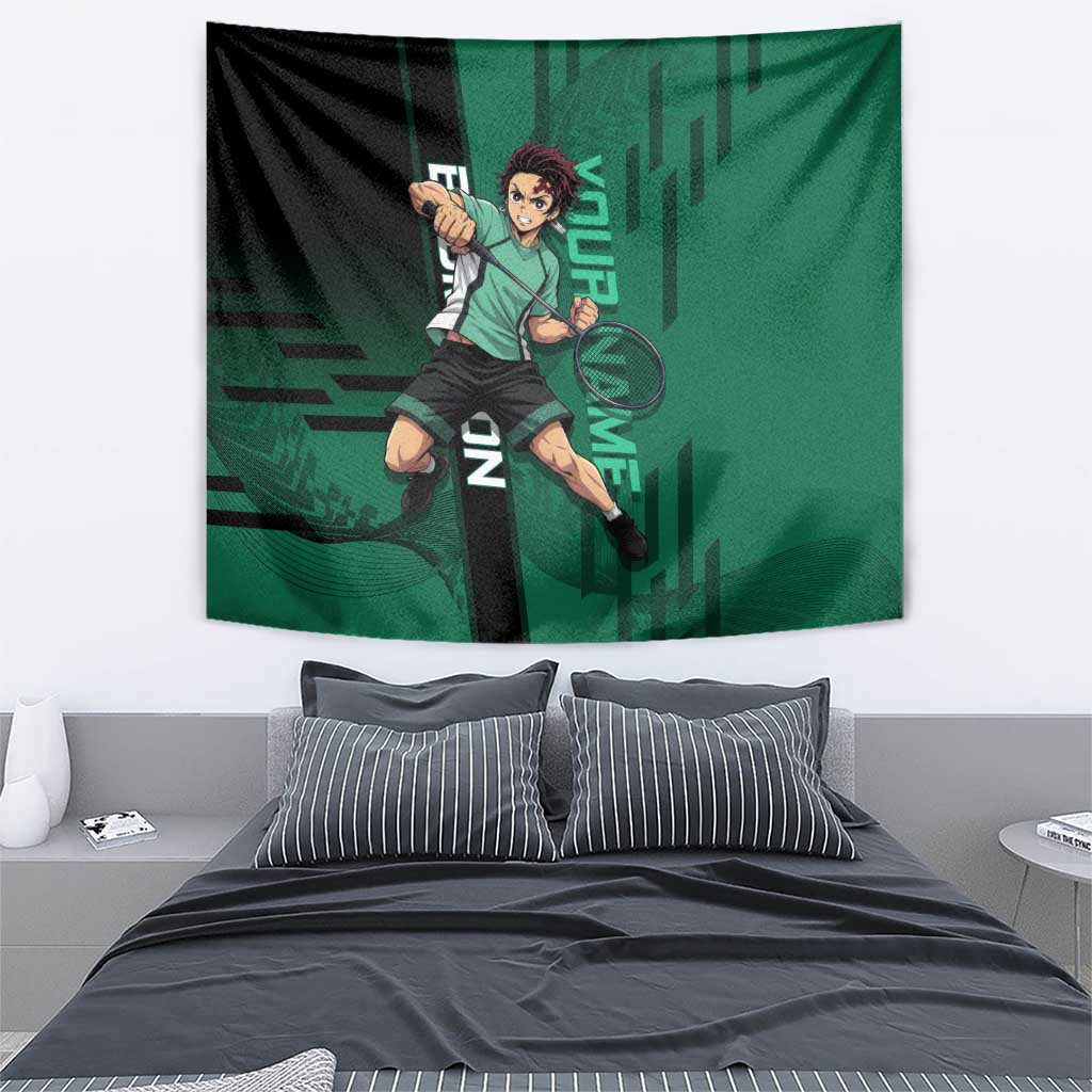 Personalized Tanjiro Badminton Green Action Pose Tapestry Dynamic Sports Design - The Mazicc