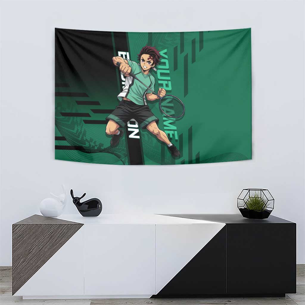 Personalized Tanjiro Badminton Green Action Pose Tapestry Dynamic Sports Design - The Mazicc