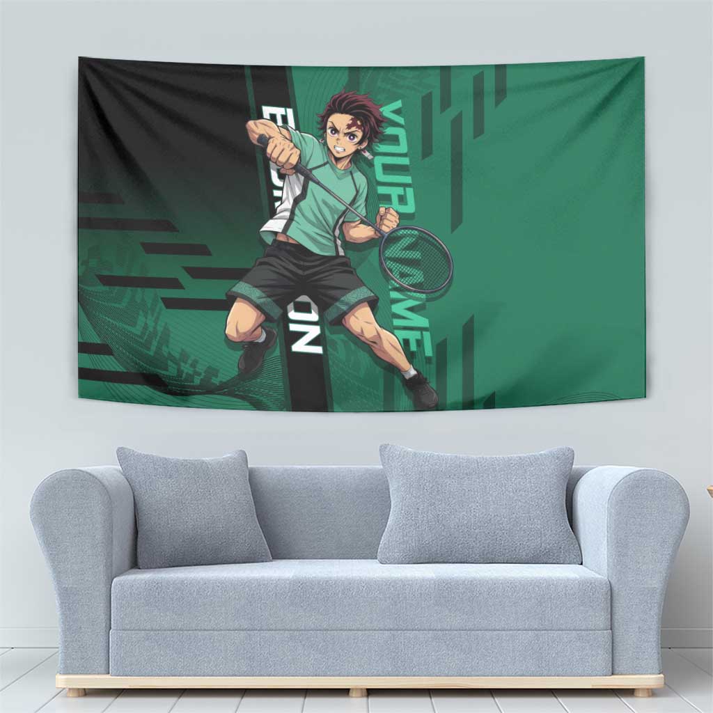 Personalized Tanjiro Badminton Green Action Pose Tapestry Dynamic Sports Design - The Mazicc