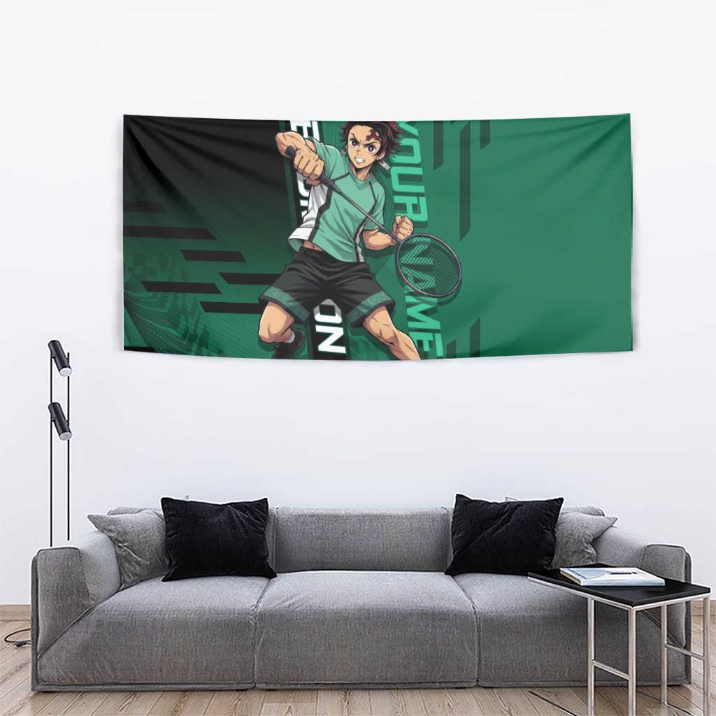 Personalized Tanjiro Badminton Green Action Pose Tapestry Dynamic Sports Design - The Mazicc