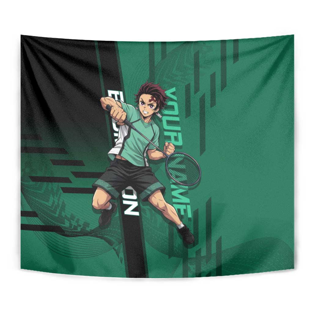 Personalized Tanjiro Badminton Green Action Pose Tapestry Dynamic Sports Design - The Mazicc