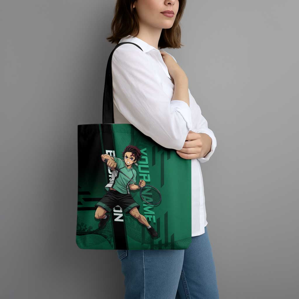 Personalized Tanjiro Badminton Green Action Pose Tote Bag Dynamic Sports Design - The Mazicc