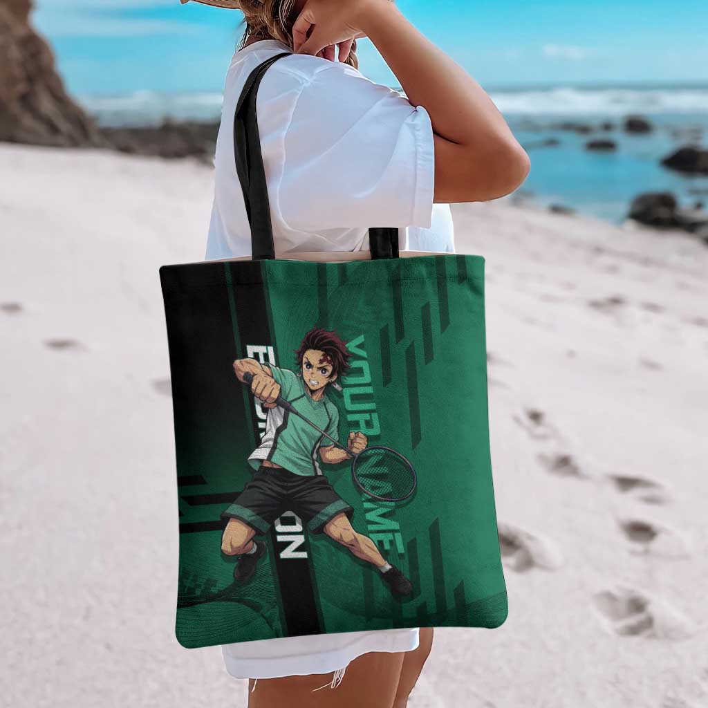 Personalized Tanjiro Badminton Green Action Pose Tote Bag Dynamic Sports Design - The Mazicc