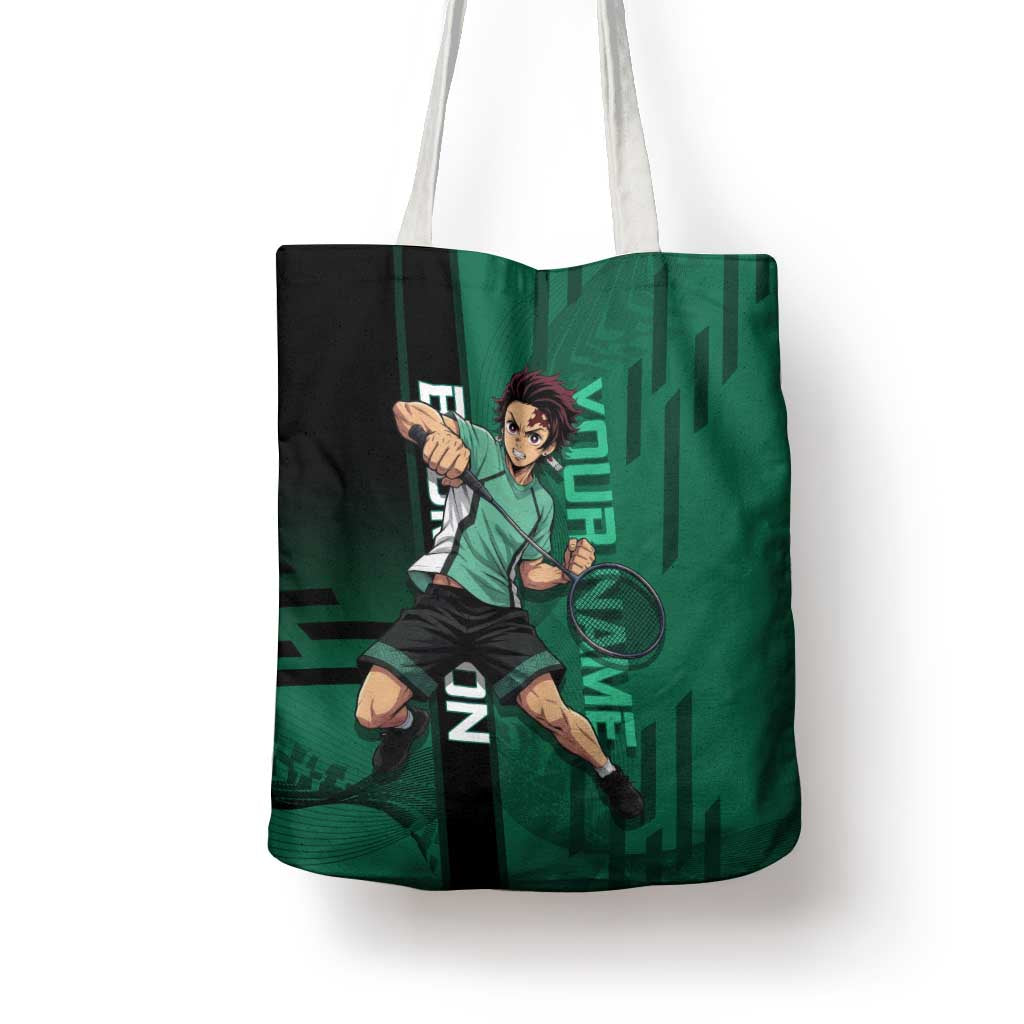 Personalized Tanjiro Badminton Green Action Pose Tote Bag Dynamic Sports Design - The Mazicc