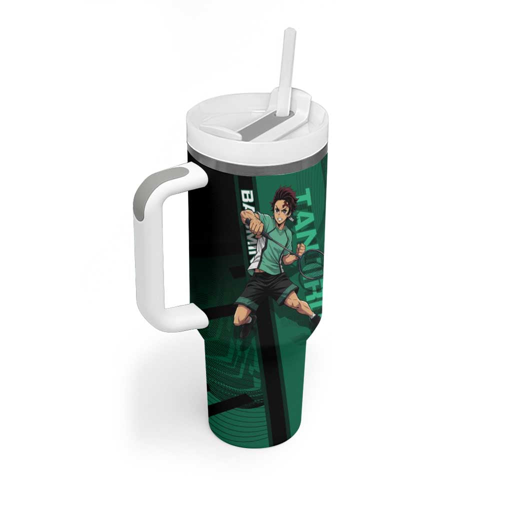 Personalized Tanjiro Badminton Green Action Pose Tumbler With Handle Dynamic Sports Design - The Mazicc