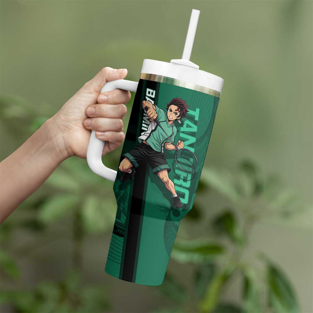 Personalized Tanjiro Badminton Green Action Pose Tumbler With Handle Dynamic Sports Design - The Mazicc