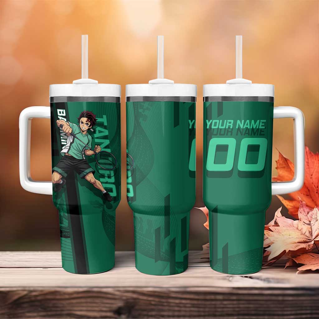 Personalized Tanjiro Badminton Green Action Pose Tumbler With Handle Dynamic Sports Design - The Mazicc