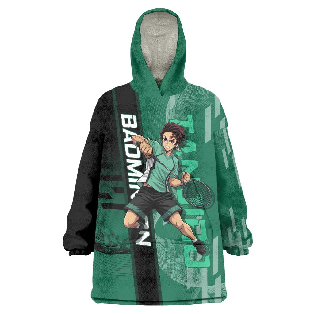 Personalized Tanjiro Badminton Green Action Pose Wearable Blanket Hoodie Dynamic Sports Design - The Mazicc
