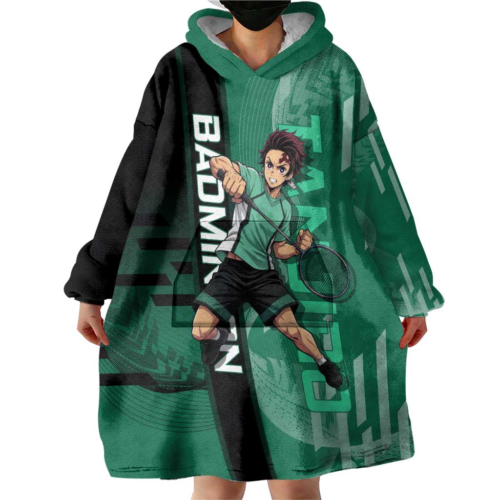 Personalized Tanjiro Badminton Green Action Pose Wearable Blanket Hoodie Dynamic Sports Design - The Mazicc