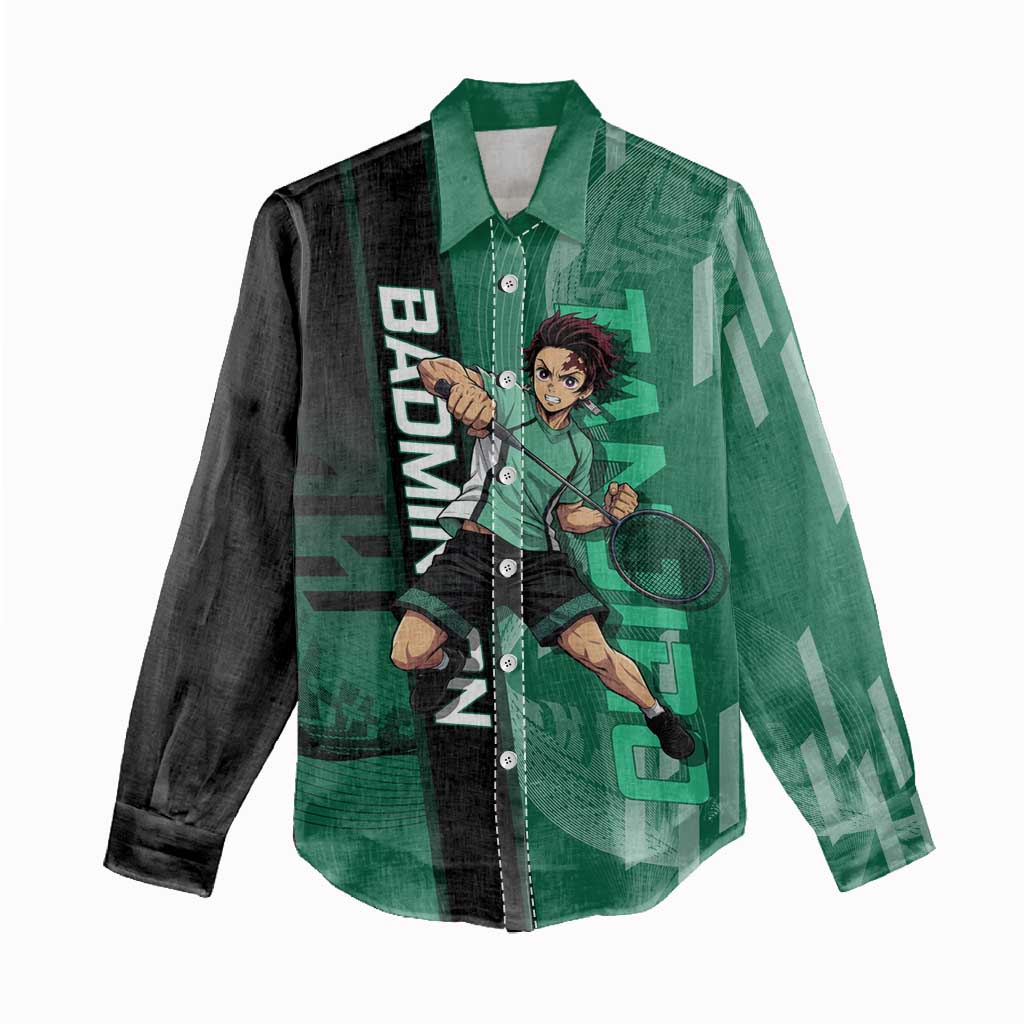 Personalized Tanjiro Badminton Green Action Pose Women Casual Shirt Dynamic Sports Design - The Mazicc