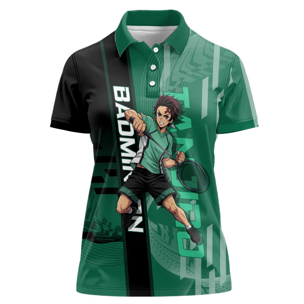 Personalized Tanjiro Badminton Green Action Pose Women Polo Shirt Dynamic Sports Design - The Mazicc