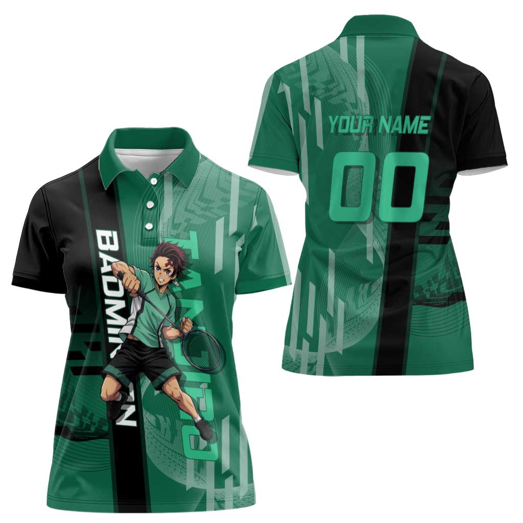 Personalized Tanjiro Badminton Green Action Pose Women Polo Shirt Dynamic Sports Design - The Mazicc
