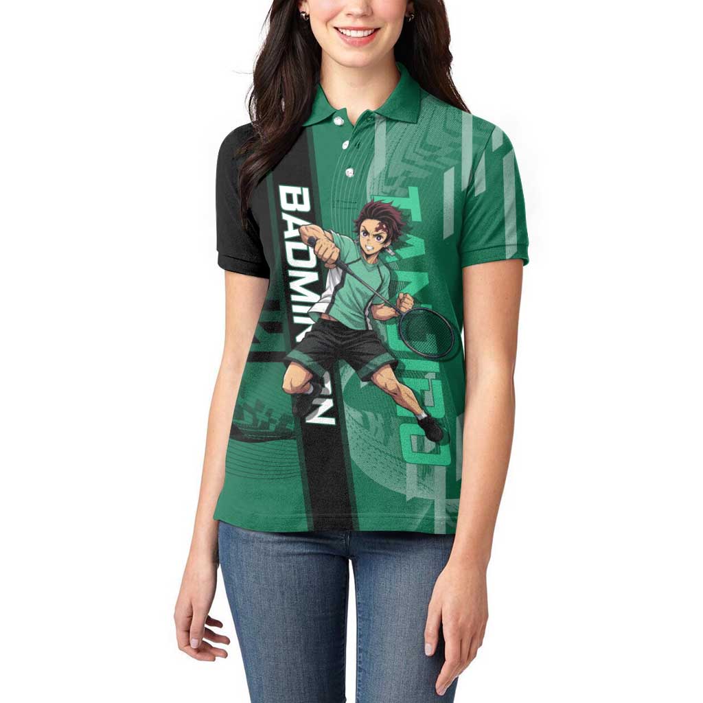 Personalized Tanjiro Badminton Green Action Pose Women Polo Shirt Dynamic Sports Design - The Mazicc