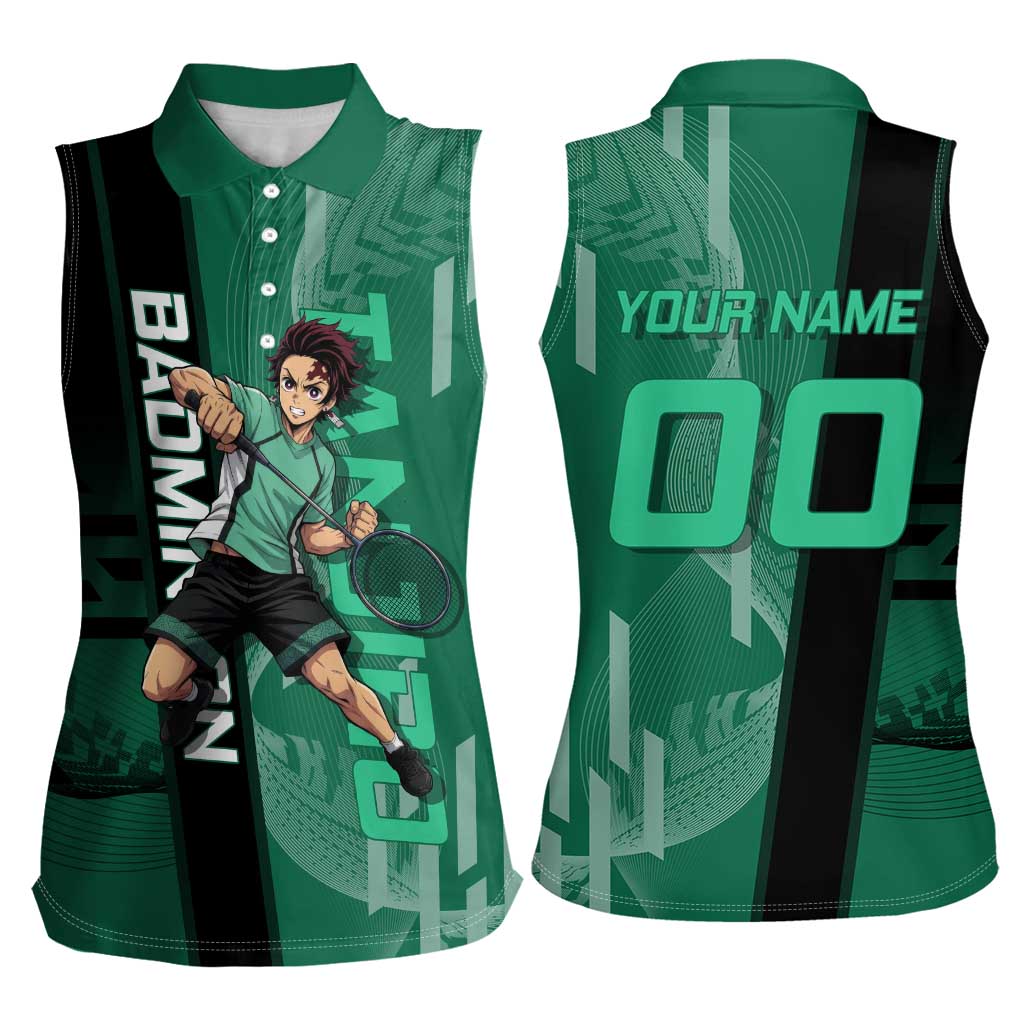 Personalized Tanjiro Badminton Green Action Pose Women Sleeveless Polo Shirt Dynamic Sports Design - The Mazicc