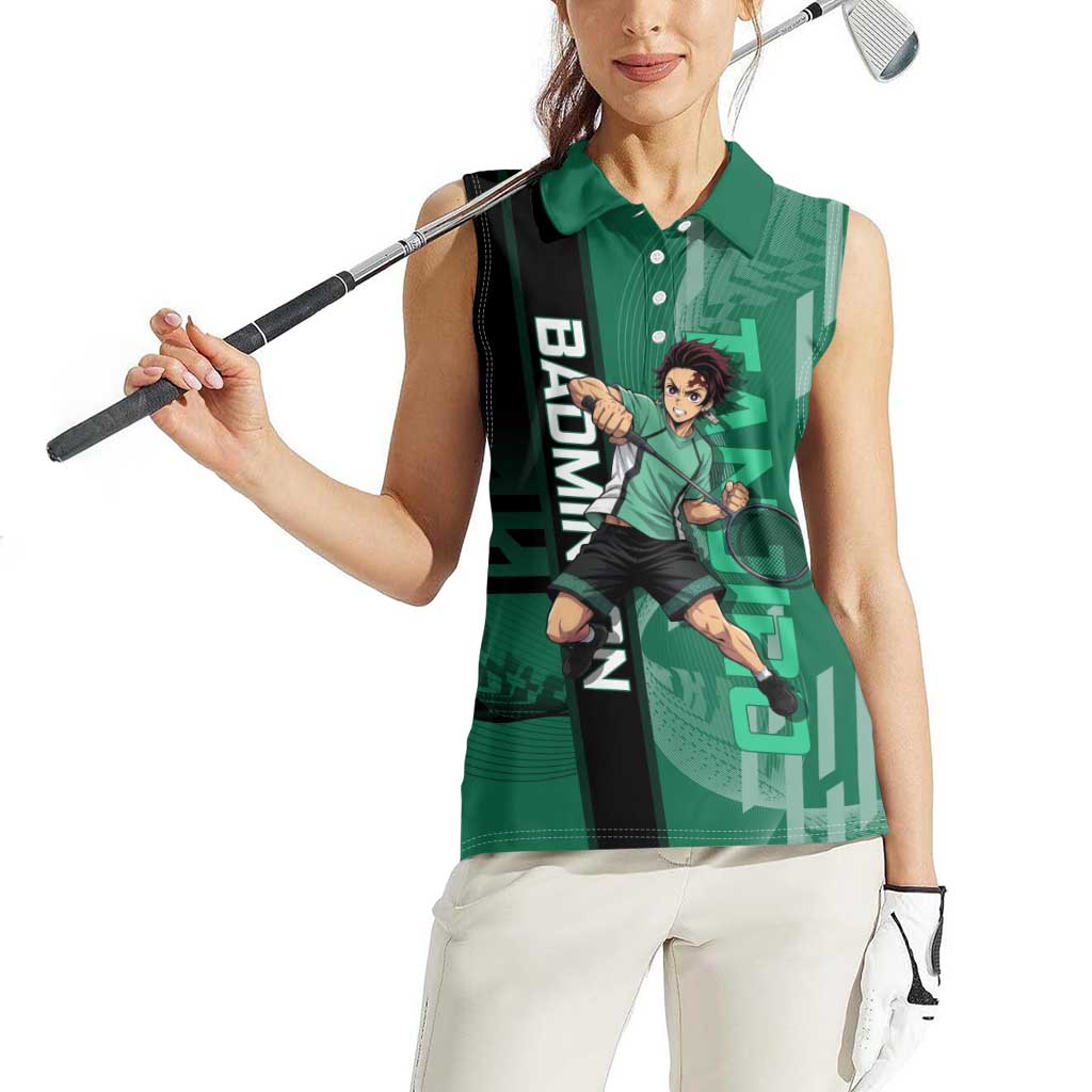 Personalized Tanjiro Badminton Green Action Pose Women Sleeveless Polo Shirt Dynamic Sports Design - The Mazicc