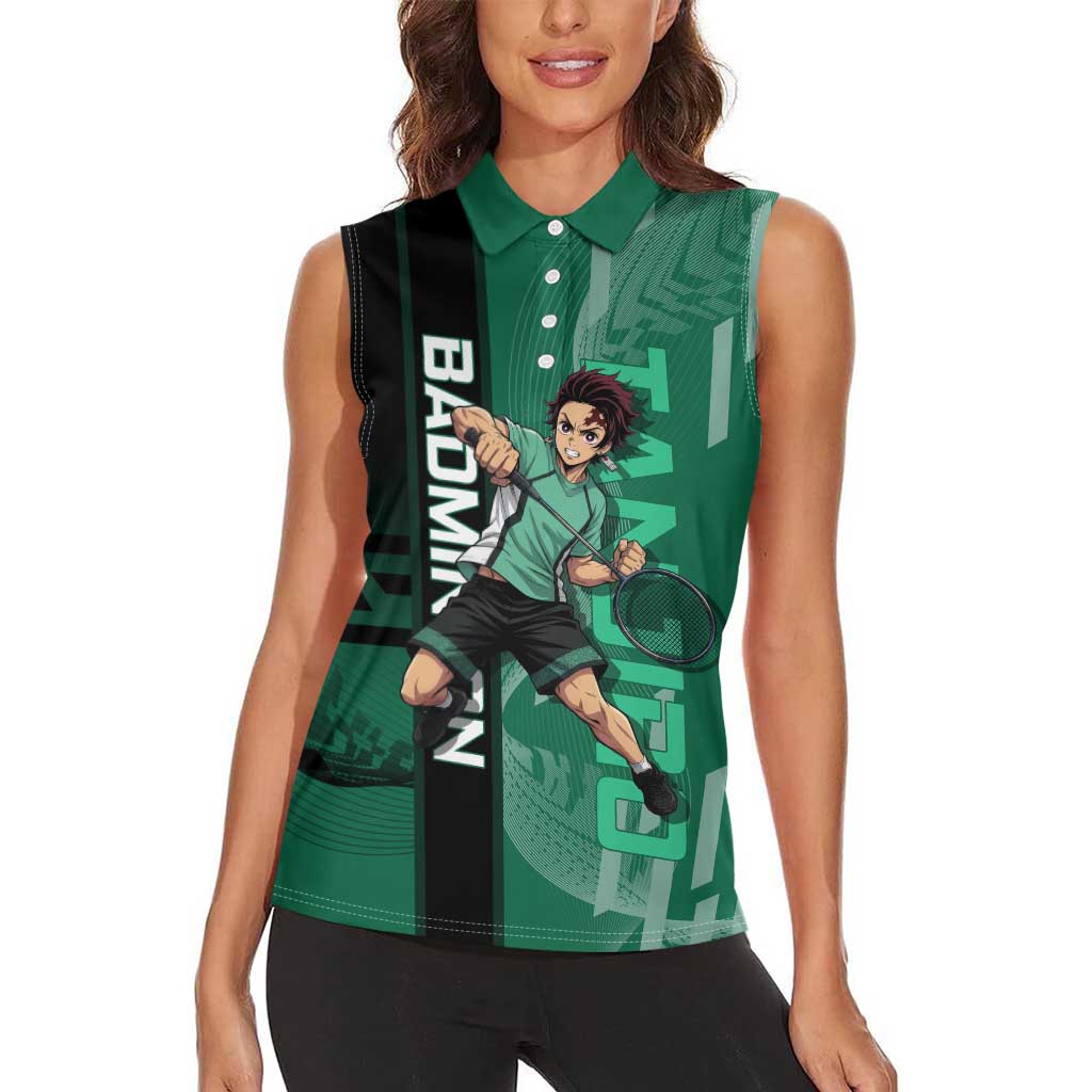Personalized Tanjiro Badminton Green Action Pose Women Sleeveless Polo Shirt Dynamic Sports Design - The Mazicc