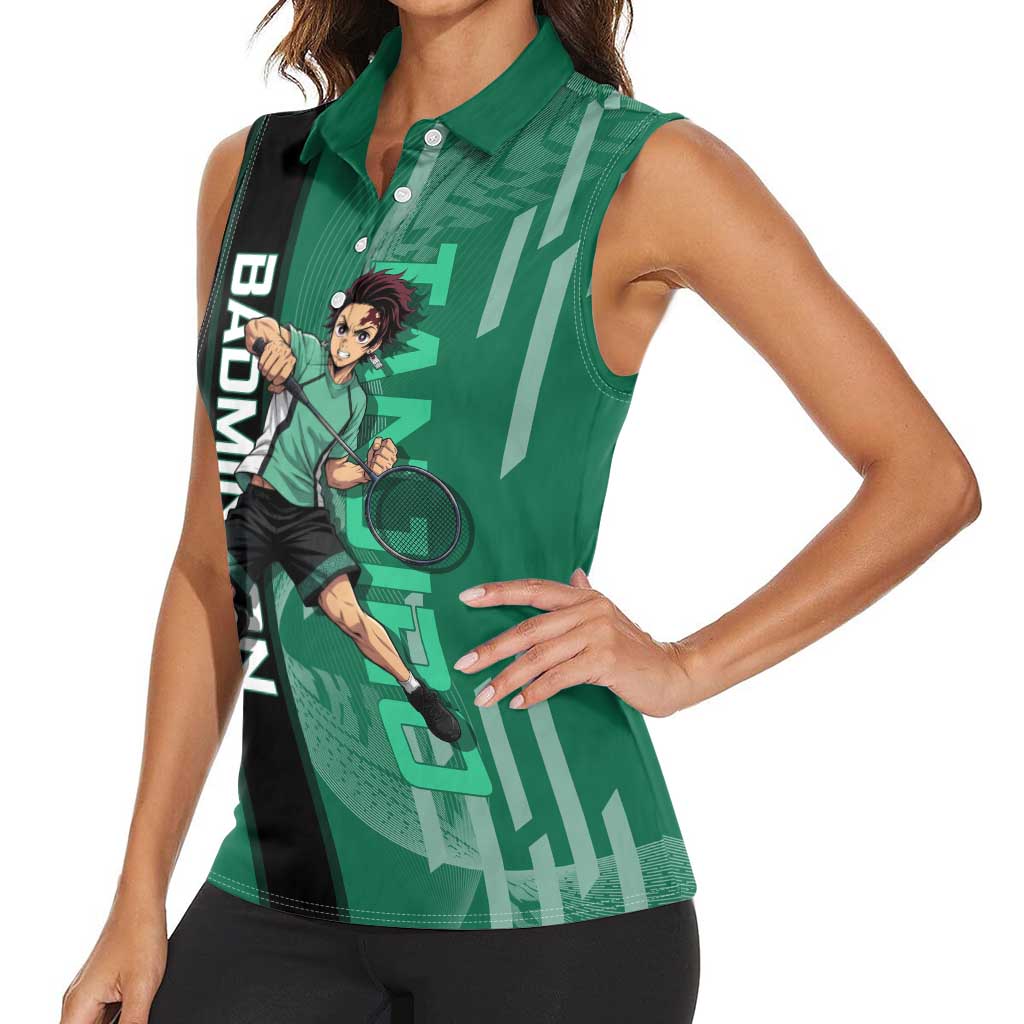 Personalized Tanjiro Badminton Green Action Pose Women Sleeveless Polo Shirt Dynamic Sports Design - The Mazicc