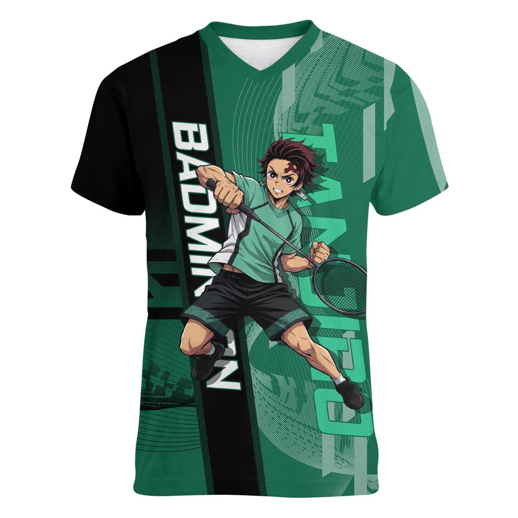 Personalized Tanjiro Badminton Green Action Pose Women V-Neck T-Shirt Dynamic Sports Design - The Mazicc