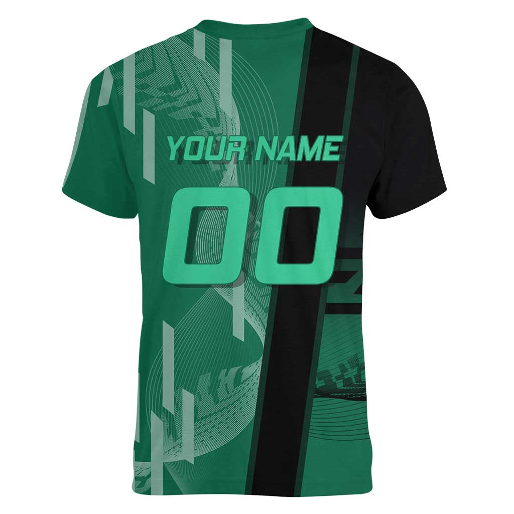 Personalized Tanjiro Badminton Green Action Pose Women V-Neck T-Shirt Dynamic Sports Design - The Mazicc