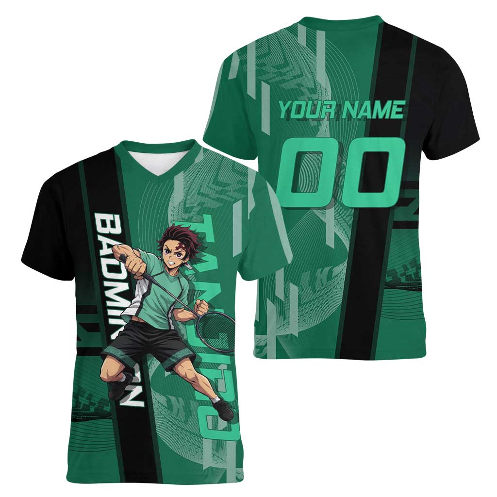 Personalized Tanjiro Badminton Green Action Pose Women V-Neck T-Shirt Dynamic Sports Design - The Mazicc