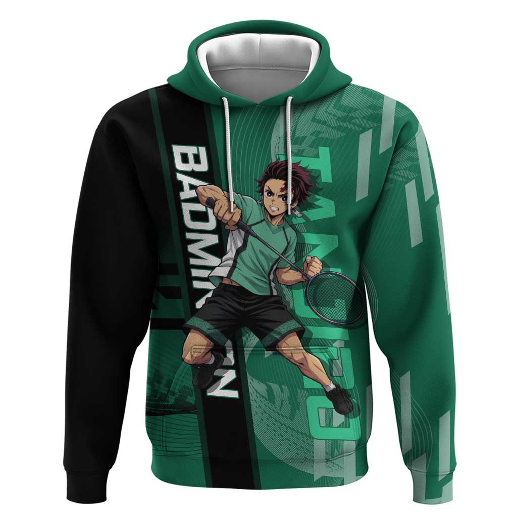 Personalized Tanjiro Badminton Green Action Pose Zip Hoodie Dynamic Sports Design - The Mazicc