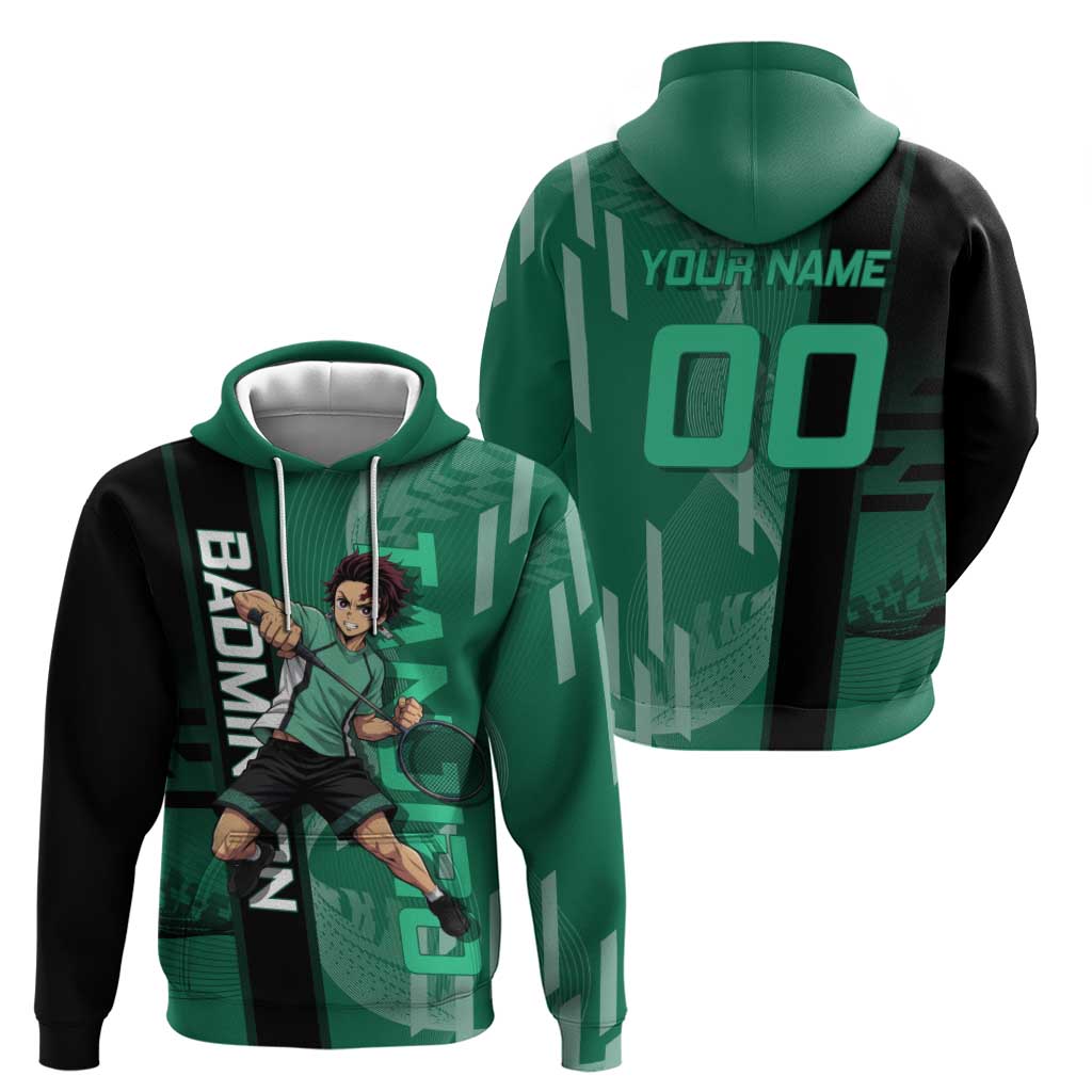 Personalized Tanjiro Badminton Green Action Pose Zip Hoodie Dynamic Sports Design - The Mazicc