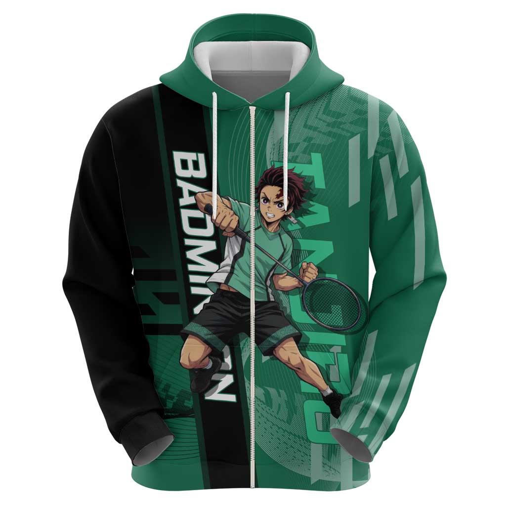 Personalized Tanjiro Badminton Green Action Pose Zip Hoodie Dynamic Sports Design - The Mazicc
