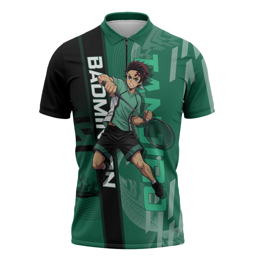 Personalized Tanjiro Badminton Green Action Pose Zipper Polo Shirt Dynamic Sports Design - The Mazicc