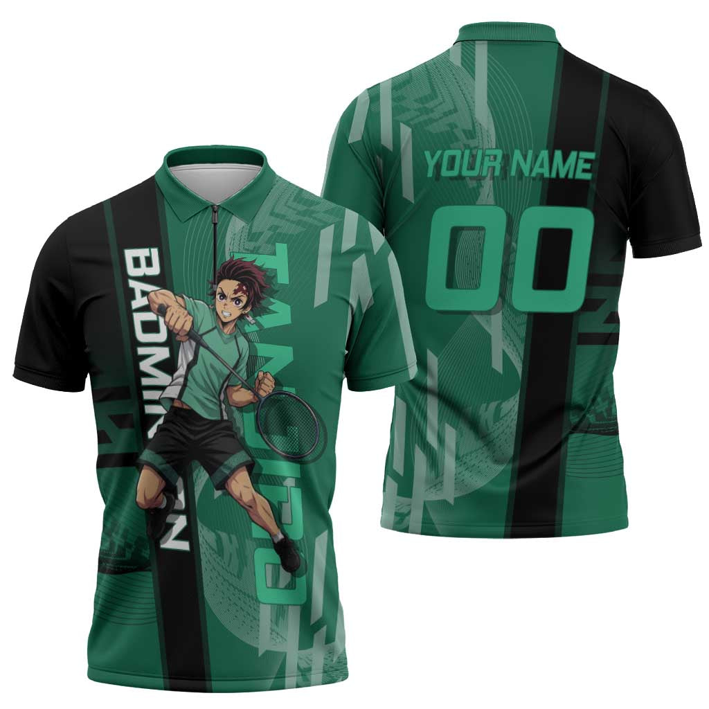 Personalized Tanjiro Badminton Green Action Pose Zipper Polo Shirt Dynamic Sports Design - The Mazicc