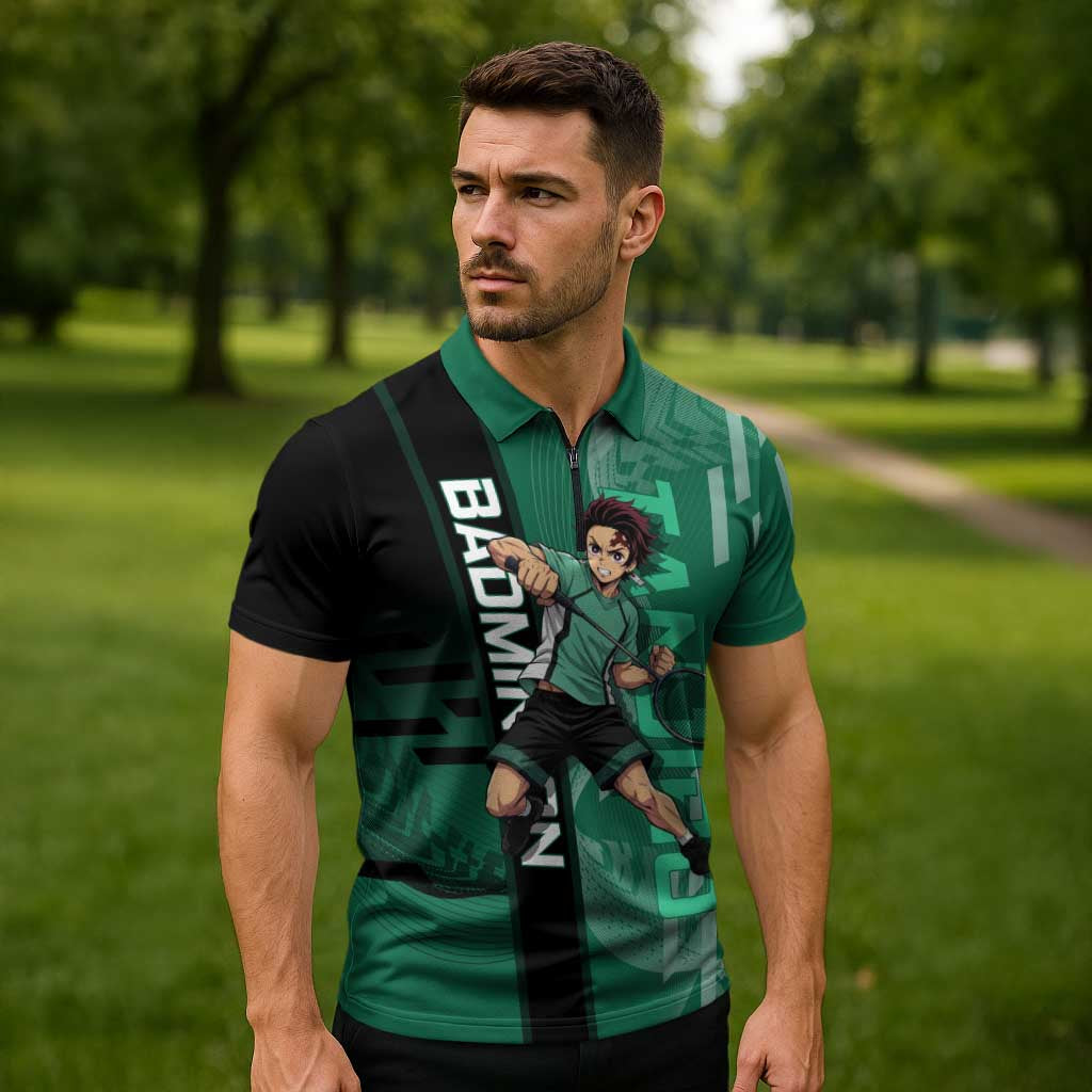 Personalized Tanjiro Badminton Green Action Pose Zipper Polo Shirt Dynamic Sports Design - The Mazicc