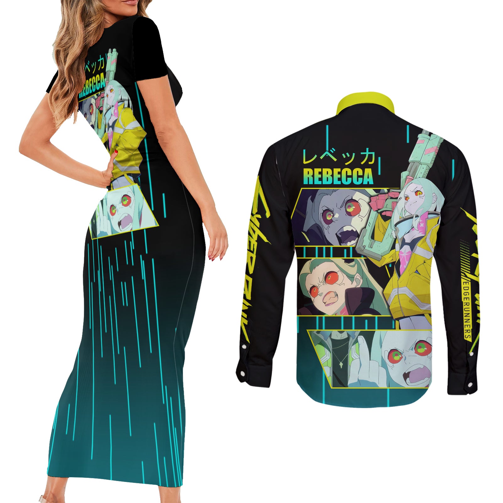 Cyberpunk Rebecca Couples Matching Short Sleeve Bodycon Dress and Long Sleeve Button Shirt