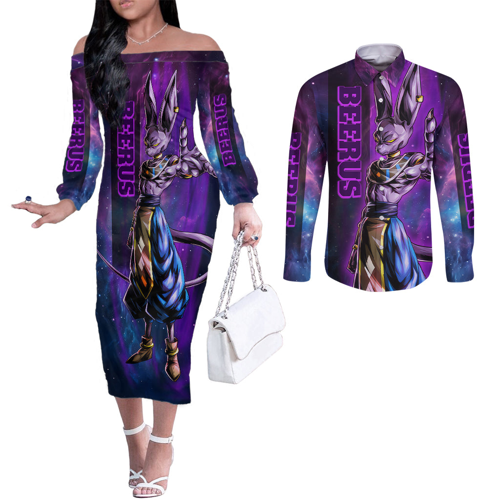 Beerus - Dragon Ball Couples Matching Off The Shoulder Long Sleeve Dress and Long Sleeve Button Shirt